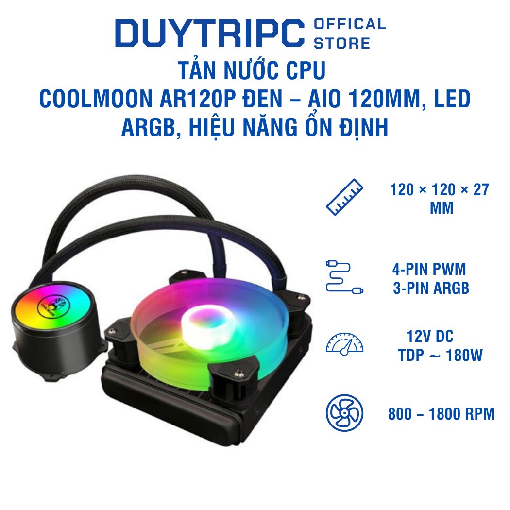 Tản nước CPU Coolmoon AR120P Đen – AIO 120mm, ARGB Sync, làm mát ổn định